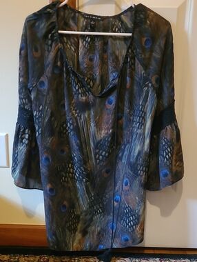 Zac & Rachel Blue Peacock-Print V-Neck Women's Blouse